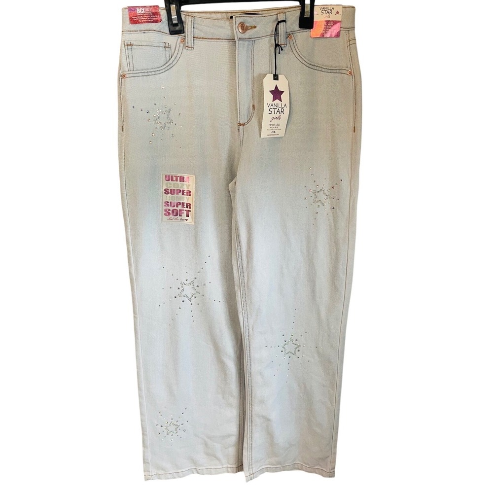 NWT Vanilla Star Girls Wide Leg High Rise Jeans - Size 16 - Rhinestone Stars
